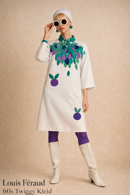 Louis Féraud 60s Twiggy Kleid Vintage Baumwolljersey Weiß Grün Lila Gr. 40/42