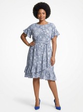 Michael Kors Womens Floral Tie Waist Ruffled Dress Size 1X Flutter Plus Blue