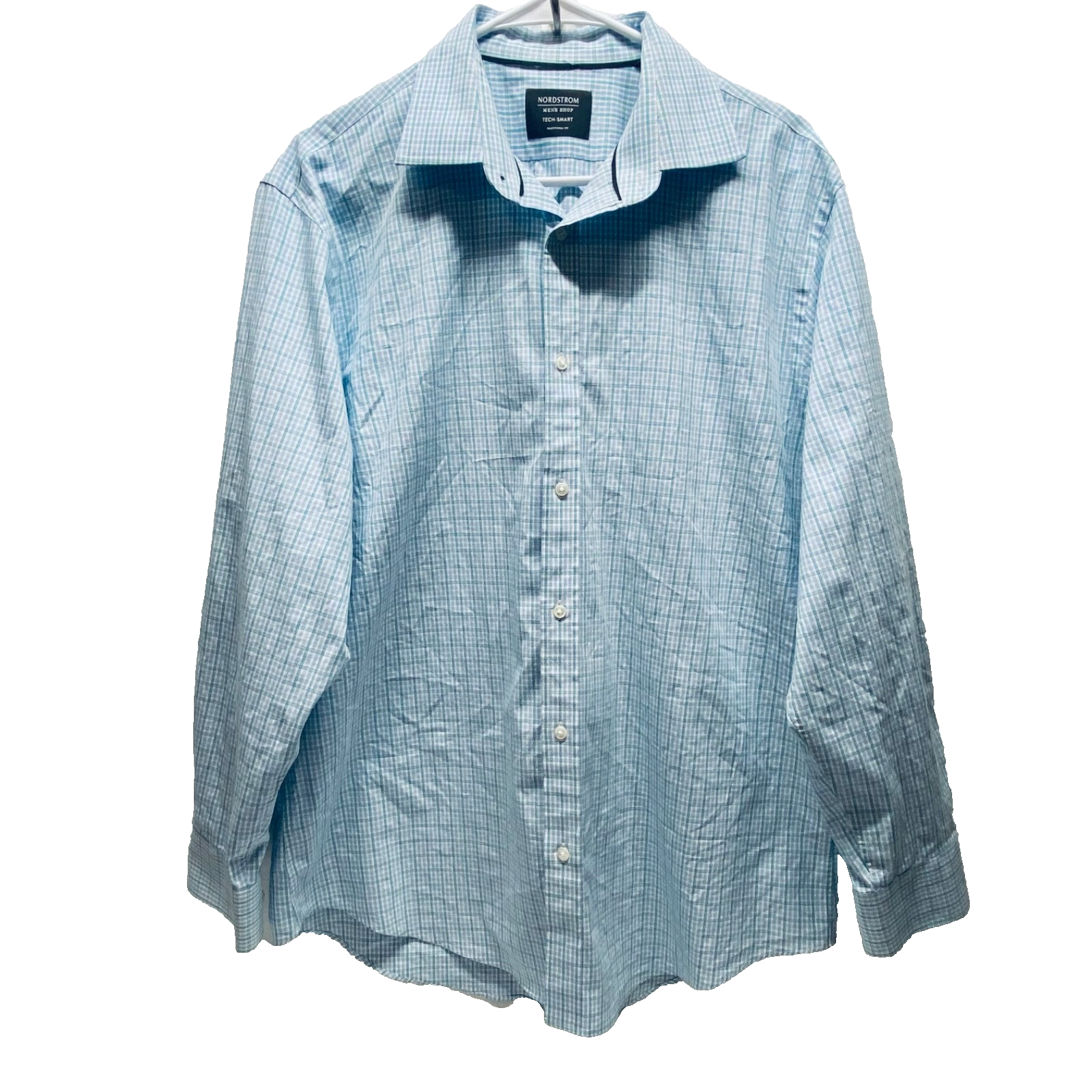 Nordstrom Men’s Shop Tech Smart Top Men 16/32-33 Traditional Fit Aqua Plaid NWOT