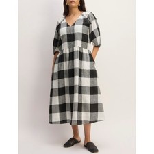 Everlane The Linen Oversized Puff-Sleeve Dress Women’s Sz M Check Gingham NWT