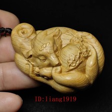 2.3 Inch Chinese Wood carved Animal Fox Statue Netsuke Decoration Gift Pendant