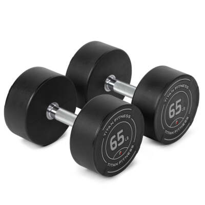 Titan Fitness 65 LB Set Round Urethane Dumbbells, 33mm Medium Volcano Knurling