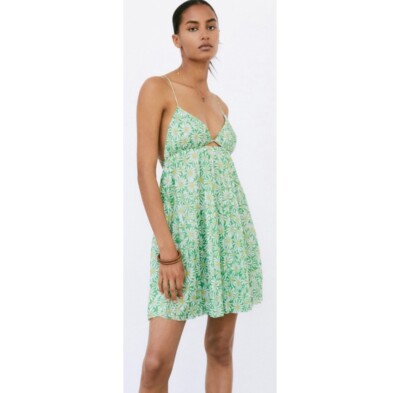 ZARA Green Floral Cut Out Open Back Mini Dress Size L | eBay
