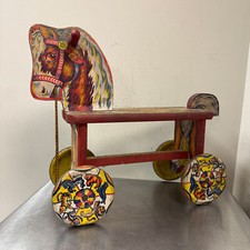 Vtg Horse Riding Wood Pull Toy w/ Tin Wheels METAL MASTERS TOYS Pony