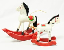 Vintage White Red Green Painted Wood Rocking Horse Lot of 2 Christmas Ornament