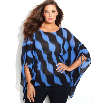 MICHAEL KORS Blue/Black Wave Cold Shoulder Flowy Tunic Blouse ( S/M ) NWT R-$110