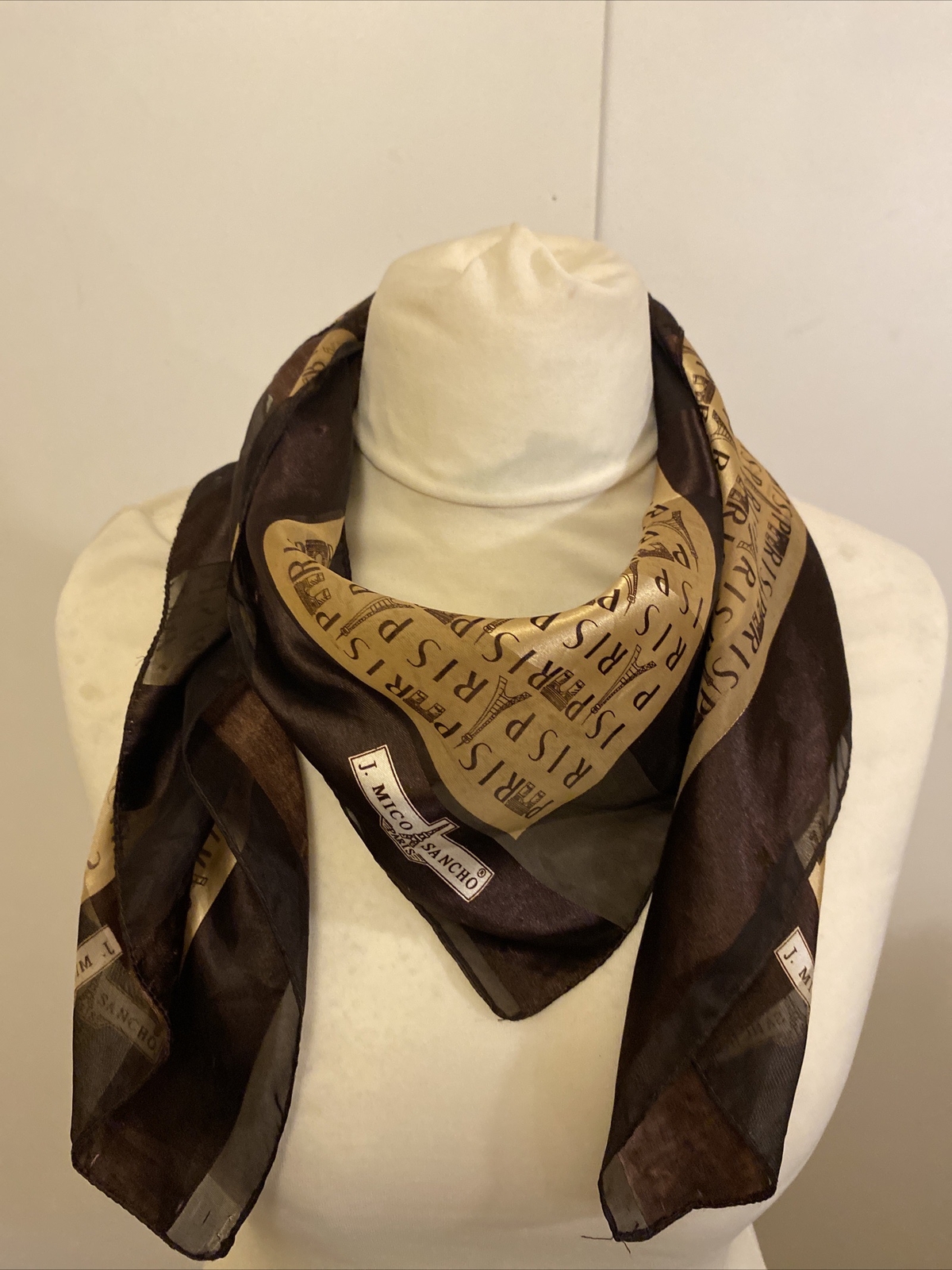 VINTAGE J. MICO SANCHO PARIS Eiffel Tower Scarf/shawl 38 x 38” Brown
