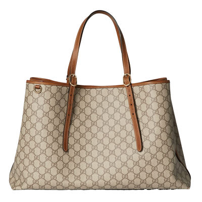 GUCCI GG Emblem Maxi $2490 Beige And Dark Brown Fabric Tote Bag