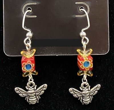 Handmade Bee & Millefiore Glass Bead Earrings by Neanie-Bot