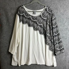 Catherines Top Women's 3X 26/28W Ivory Black Lace Trim Popover Tunic Blouse