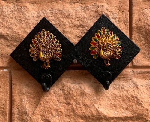 2 hooks wall hanging wooden wall decor engraved resin peacock Indian hangers