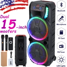 Large Portable Dual 15" Bluetooth PA Speaker System TF AUX TWS DJ Party w/2 Mics