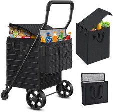 Folding Shopping Cart w/ Basket Liner Insulated Bag 360  Swivel Wheels