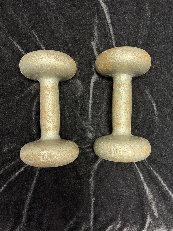 Old Dumbbell Bun Pair With Grey-Blue Paint  - 10pounds Each - Possibly YORK PA??