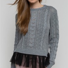 POL Cable Knit Crewneck Sweater Tutu Women  s Small Gray/Black Winter Coquette