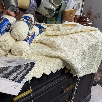 Vintage Handmade Started crocheted Afghan Blanket Star-Shell Ready To Finish