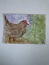  ACEO Original, chicken, mini Painting, by yarnspider 3.5in by 2.5in Art