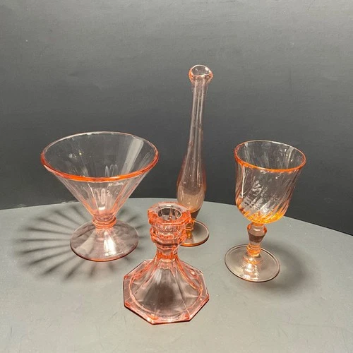Vintage Lot Of 4 Pink Depression Glass Candlestick - Bud Vase - Wine/Cocktail