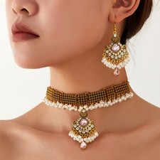 Christmas Jewelry Gift for Women Retro Choker Earrings Ethnic Necklace 2Pc Set
