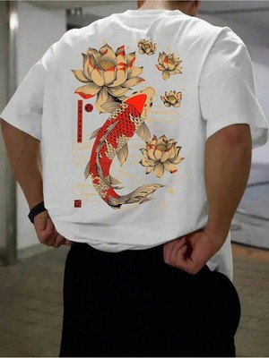 Men'S Casual Short-Sleeve T-Shirt Featuring a Koi Fish And Lotus Flower Print