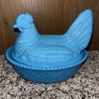 Vintage Westmoreland Blue Milk Glass Hen On Lattice/Basketweave Base Rope Edge