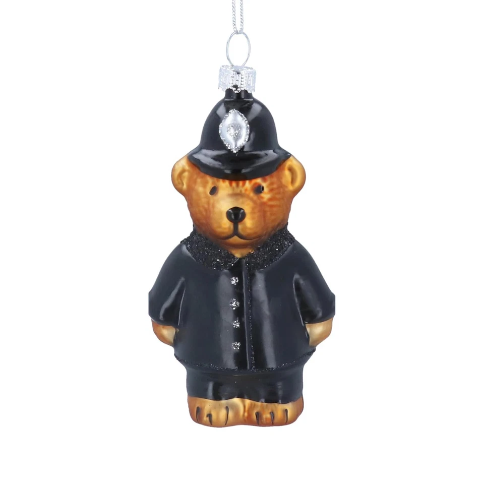 Gisela Graham Glass Police Bear Christmas Tree Decoration With Silver Twine