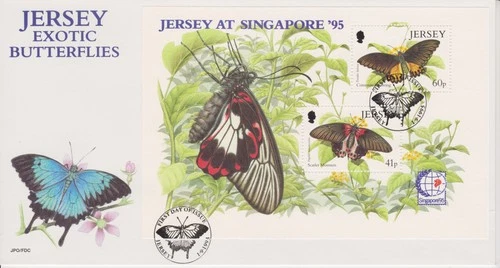 Unaddressed Jersey FDC First Day Cover 1995 Exotic Butterflies Sheet Singapore