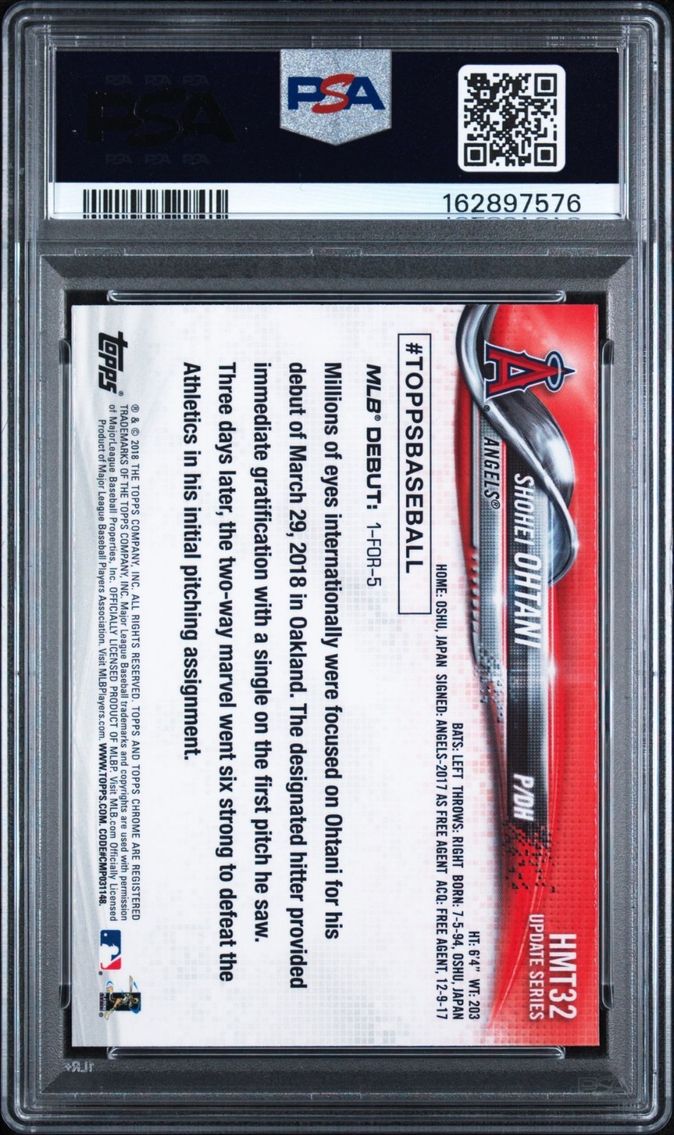 2018 TOPPS CHROME UPDATE #HMT32 SHOHEI OHTANI ROOKIE RC PSA 10 GEM MINT view 2