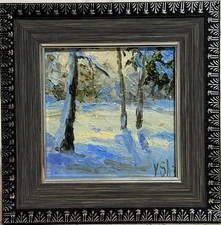 Original Oil Painting Winter Sunset Landscape Forest  Art Signed Framed Impasto