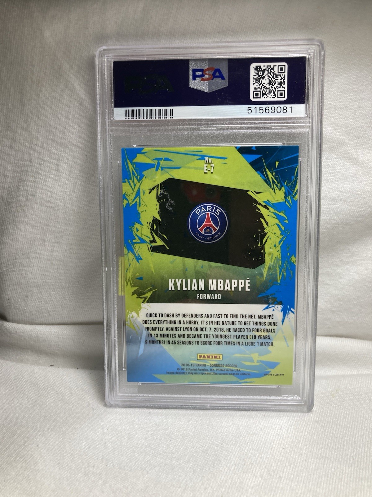 Kylian Mbappe 2018 Donruss Optic PSA 9 Explosive E7 Silver Prizm (SP) 1st Optic view 2