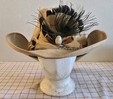 Vtg Genuine Suede Leather Cowboy Hat Beige Mens Sz 7 3/8 Decorative Feather Band