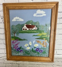 Vintage Large Crewel Embroidery Cottage Flowers Wood Glass Framed 22 1/2 X 20