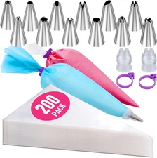 200Pcs Piping Bags and Tips Set, 12 Inch Pastry Bags, Cakes Decorating Kit Suppl