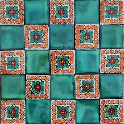 25 Mexican Talavera Ceramic Tiles 2x2 Green Designs Handmade S2-102