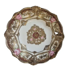 Antique Old Noritake Maple Leaf Roses Round Bowl with Gilding & Gold Jewels 5 in