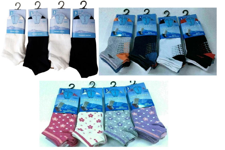 Boys Girls Trainer Socks Ankle Sport Footwear Black White and design 3 6 12 Pair