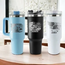 Personalized Truck 40oz Tumbler With Handle, Custom US Flag Truck Driver Tumbler