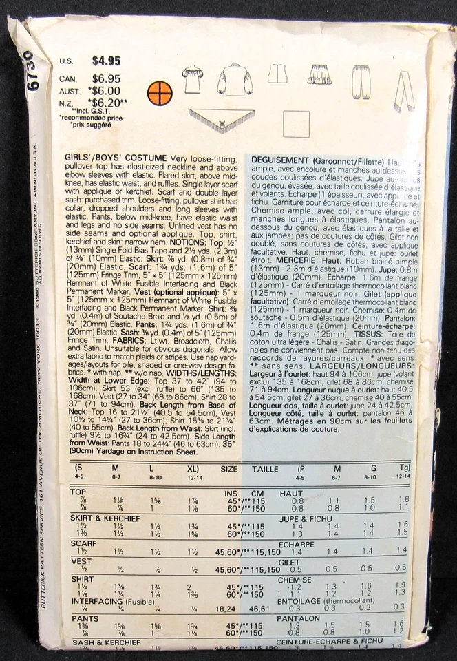 Pirate Costumes Child S M L XL 4-14 Butterick 6730 Uncut Pattern Top Pants Scarf - Image 3 of 4