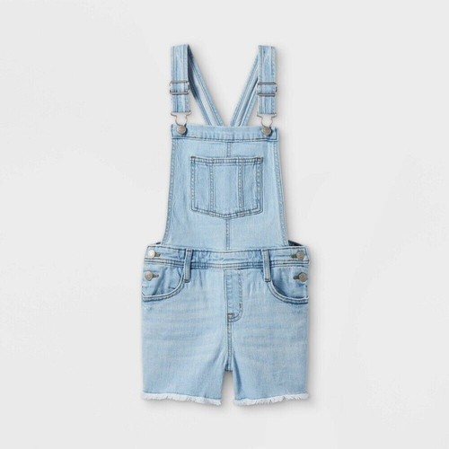 Cat & Jack Girls L (10/12) Plus Jean Shortalls Bib Shorts Light Wash Raw Hem - Picture 6 of 6