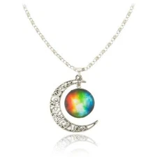 Silver-Tone Crescent Moon with Rainbow Glass Cabochon Pendant & Chain LGBTQ