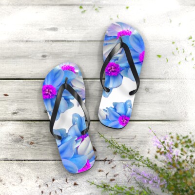 Blue Floral Print Flip Flops, Sandals