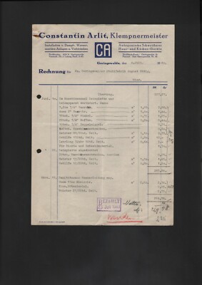GERINGSWALDE, Rechnung 1940, Constantin Arlit Klempnermeister