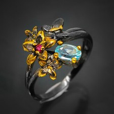 Irradiated Natural Blue Topaz Silver Ring 925 Sterling / RVS75