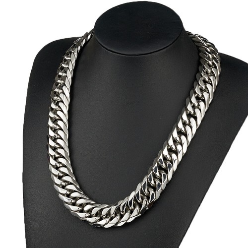 HEAVY 19/21mm Silver Cut Curb Cuban Link Chain 316L Stainless Steel Men Necklace - Afbeelding 4 van 5