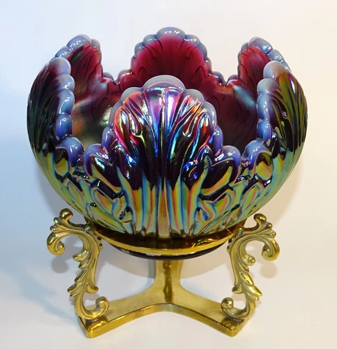 Fenton Plum Opalescent Iridized Leaf Rose Bowl on Brass Stand