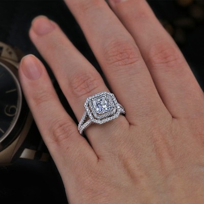 3 00ct Cushion Round Double Halo Split Shank Engagement Ring 14k