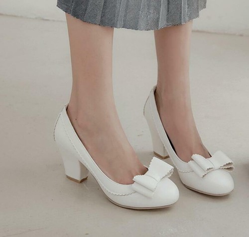 Suede Block Heel Pumps Bowknot Round Toe Slip on Dress Shoes main image 1