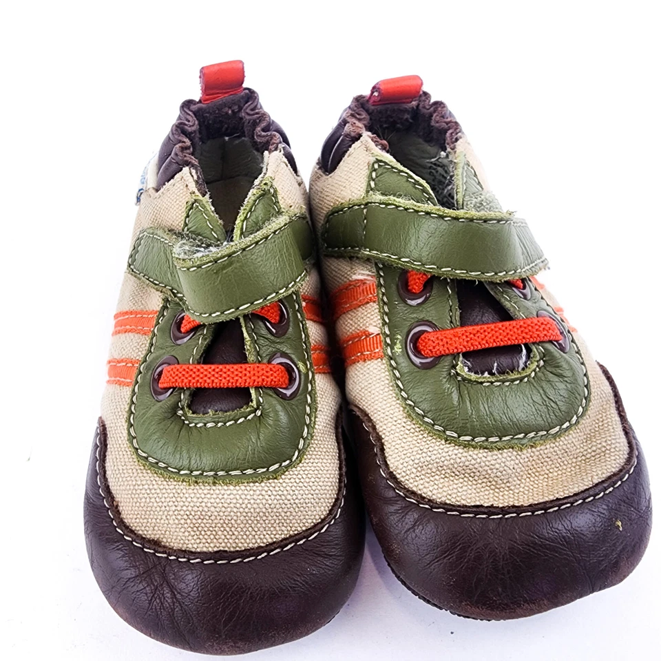 Zapatos Robeez Talla 3 Niños Pequeños Verde Marrón Lona Cuero Suela de Goma Foto 2 de 4