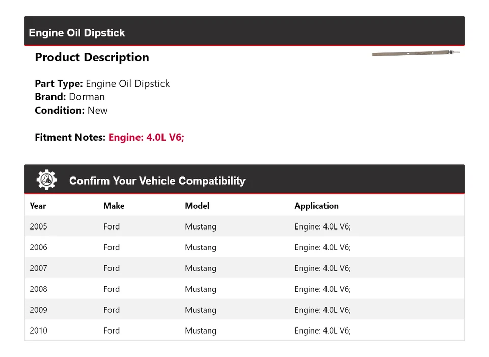 Varilla de medición de aceite de motor Dorman V6 4,0 L Ford Mustang 2005-2010 2006 2007 2008 Foto 2 de 4