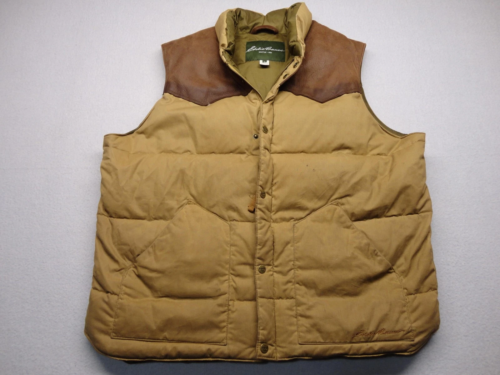 Eddie Bauer Goose Down Vest Mens Large Beige Canvas Leather Yoke Puffer Outdoor